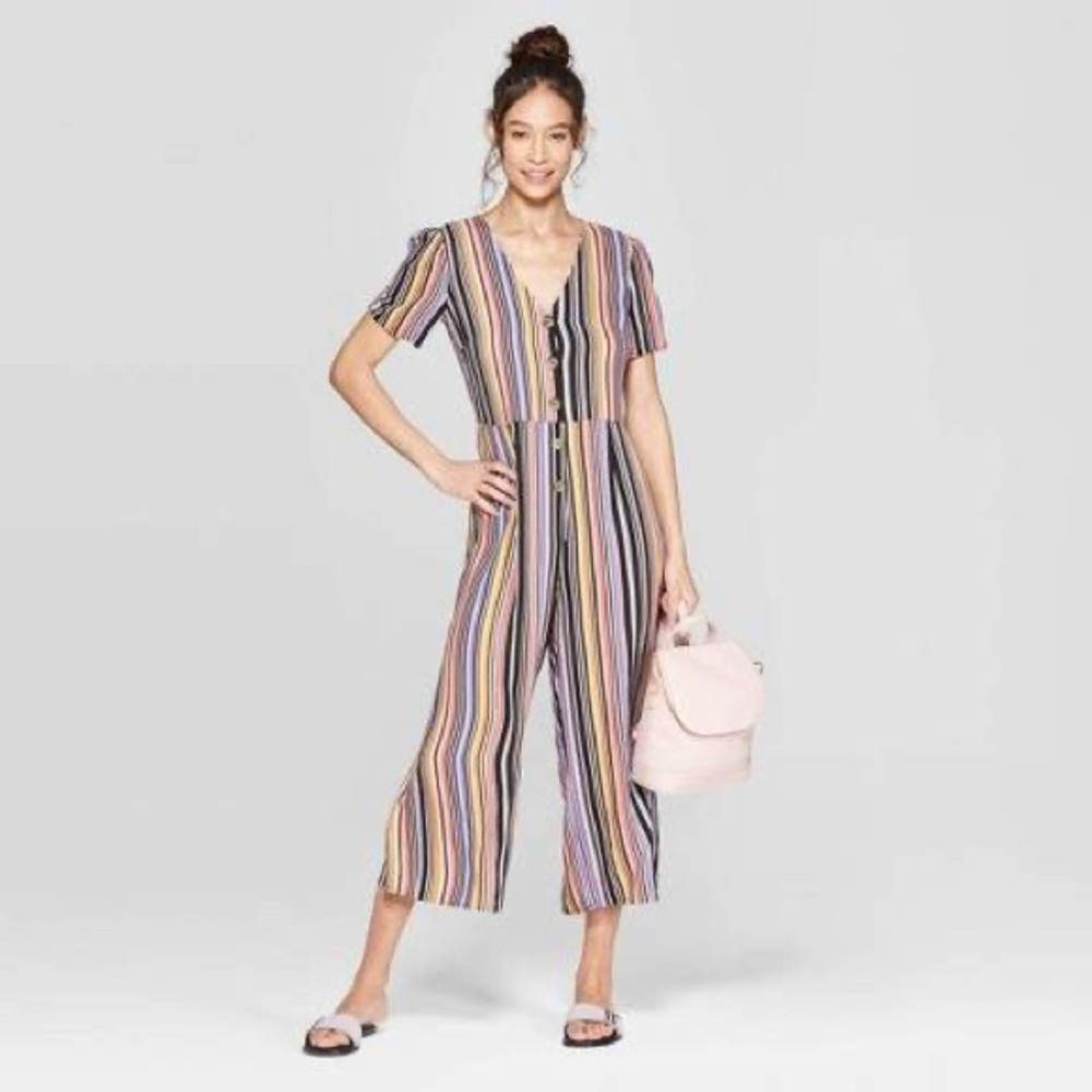 Target Striped Cropped Jumpsuit Wide Leg Size M